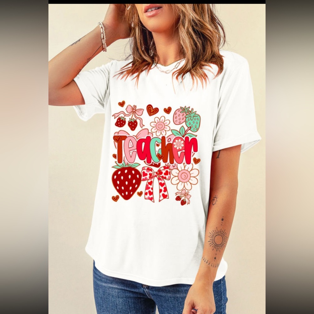 1023. Cute strawberry “TEACHER” cuffed short sleeve t-shirt white